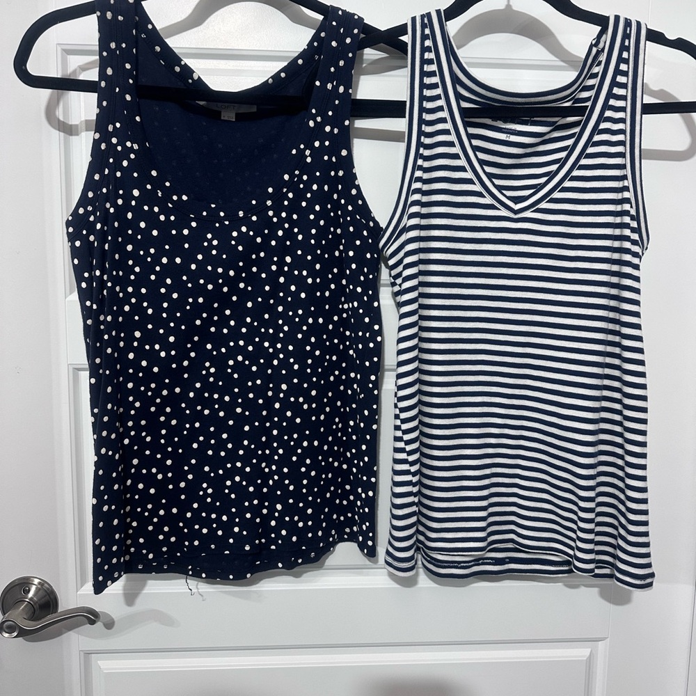 2 LOFT Navy and White Patterned Tank Tops-  gotta love stripes and polk dots!